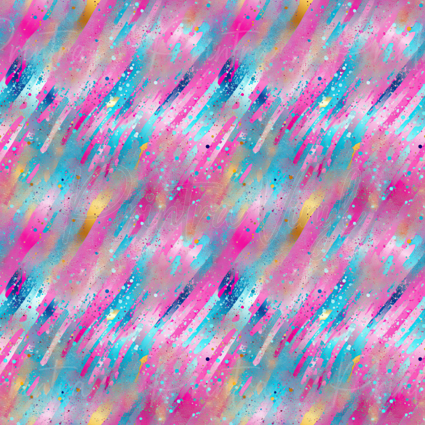 Rainbow Meteor patterned vinyl featuring vibrant rainbow brushstrokes and paint splatter effects in bright pink, blue, yellow and purple tones with a dynamic abstract watercolour design.