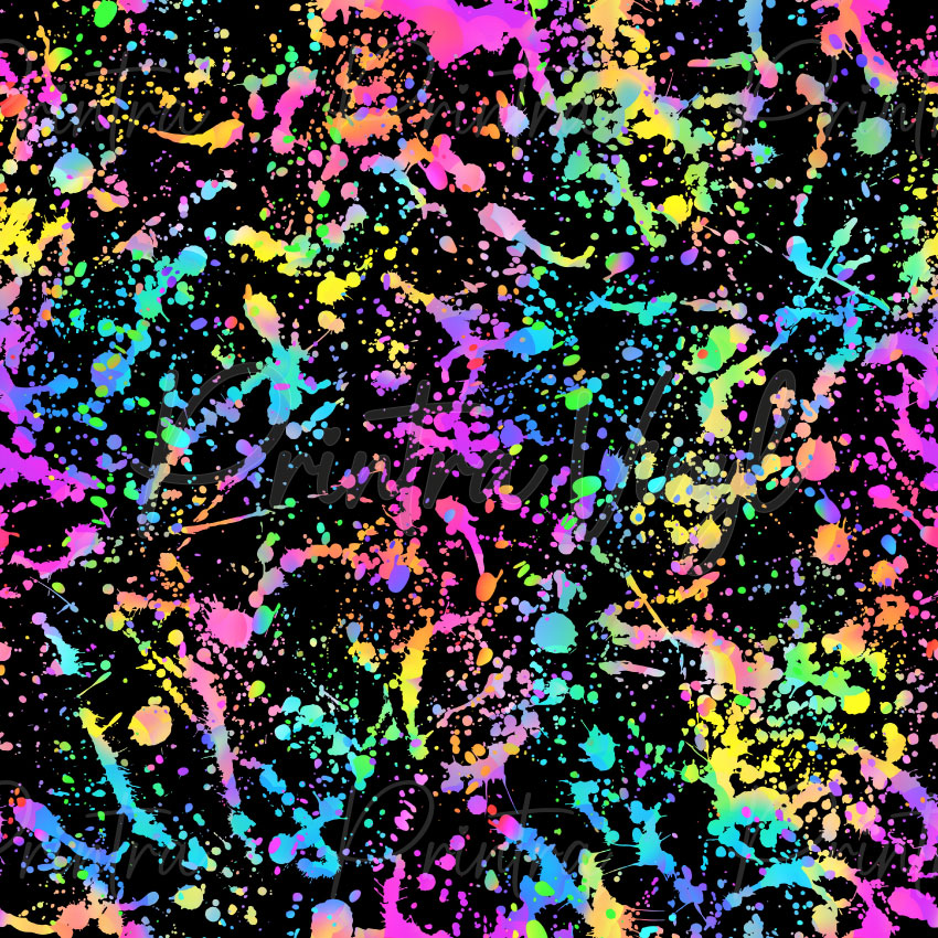 Rainbow paint splatter patterned vinyl featuring vibrant neon splashes of pink, blue, green, yellow, purple and orange scattered across a black background.