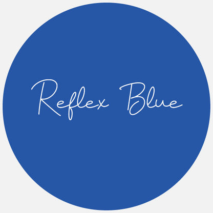 A solid blue color circle with the text 'Reflex Blue' in a stylized font in the center.
