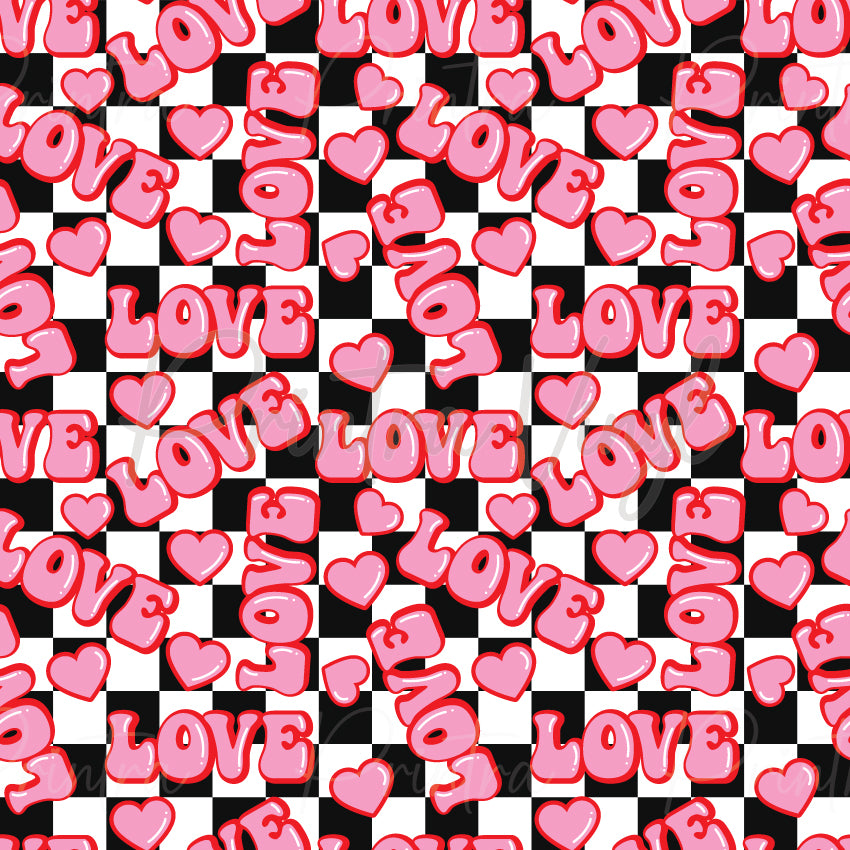 Retro Love patterned vinyl featuring bubbly pink LOVE lettering and heart icons scattered across a bold black and white checkerboard background, blending retro Valentine's vibes with playful pop-art style.