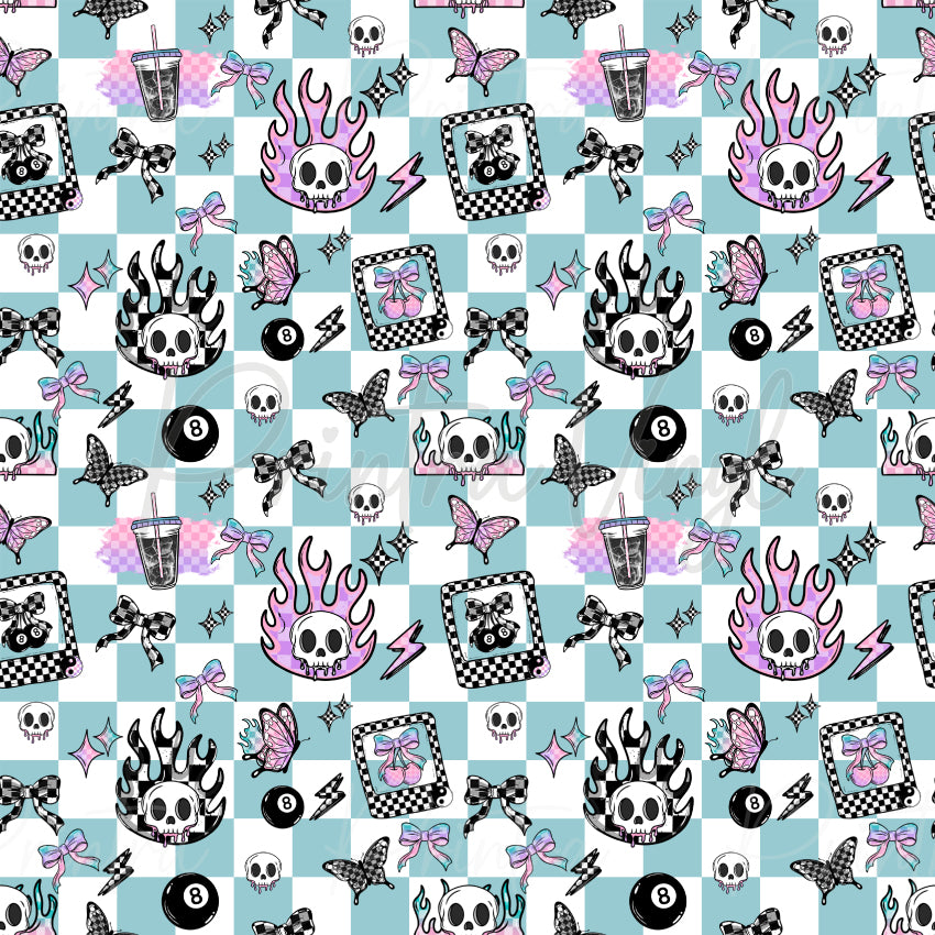Retro Skull Vibes #01 patterned vinyl featuring a pastel blue and white checkerboard background decorated with flaming skulls, butterflies, bows, lightning bolts, 8-ball icons, sparkling stars, and retro-inspired doodle elements in black, pink, lilac, and aqua tones.