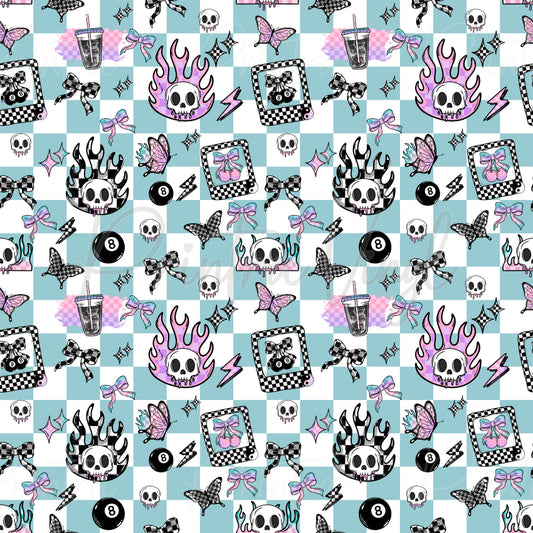Retro Skull Vibes #01 patterned vinyl featuring a pastel blue and white checkerboard background decorated with flaming skulls, butterflies, bows, lightning bolts, 8-ball icons, sparkling stars, and retro-inspired doodle elements in black, pink, lilac, and aqua tones.