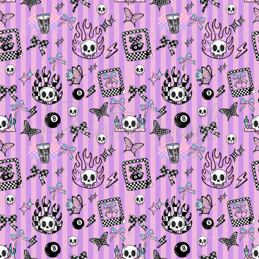 Retro Skull Vibes #02 patterned vinyl featuring pastel purple vertical stripes decorated with flaming skulls, butterflies, bows, lightning bolts, 8-ball icons, sparkling stars, and retro doodle elements in black, white, pink, and lilac tones.