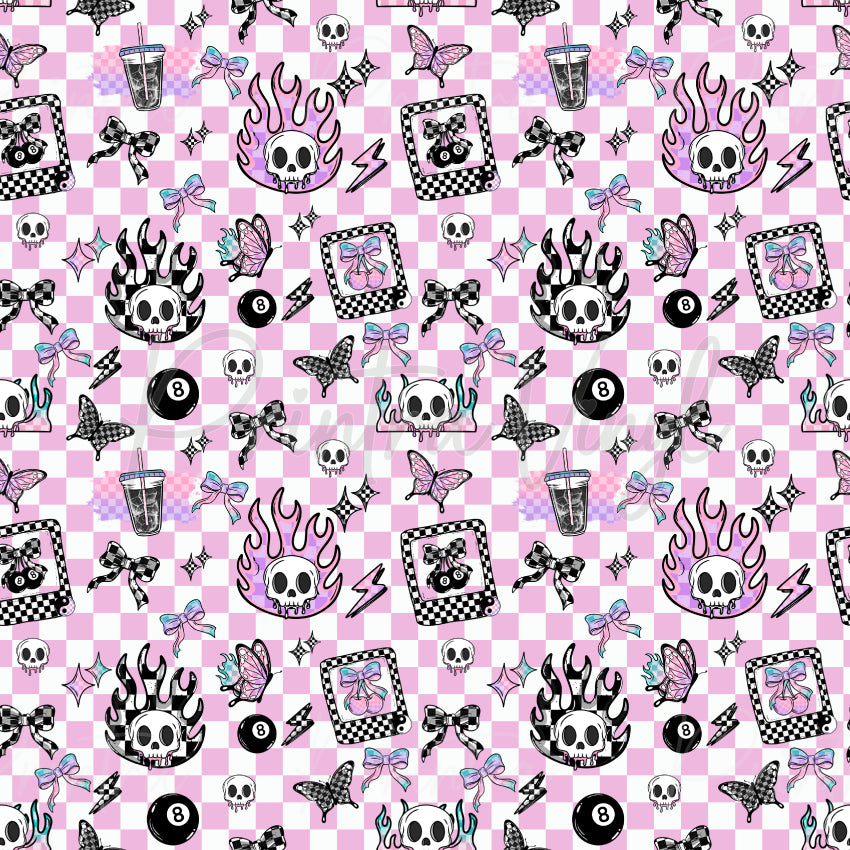Copilot said:

Retro Skull Vibes #03 patterned vinyl featuring a pastel pink checkerboard background filled with flaming skulls, butterflies, bows, lightning bolts, 8-ball icons, sparkling stars, and retro-inspired doodle elements in black, white, pink, and lilac tones.