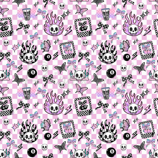 Copilot said:

Retro Skull Vibes #03 patterned vinyl featuring a pastel pink checkerboard background filled with flaming skulls, butterflies, bows, lightning bolts, 8-ball icons, sparkling stars, and retro-inspired doodle elements in black, white, pink, and lilac tones.