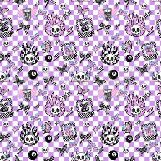 Retro Skull Vibes #04 patterned vinyl featuring pastel purple checkerboard squares decorated with flaming skulls, butterflies, bows, lightning bolts, 8-ball icons, stars, and retro doodle elements in soft pink, black, white, and lilac tones.