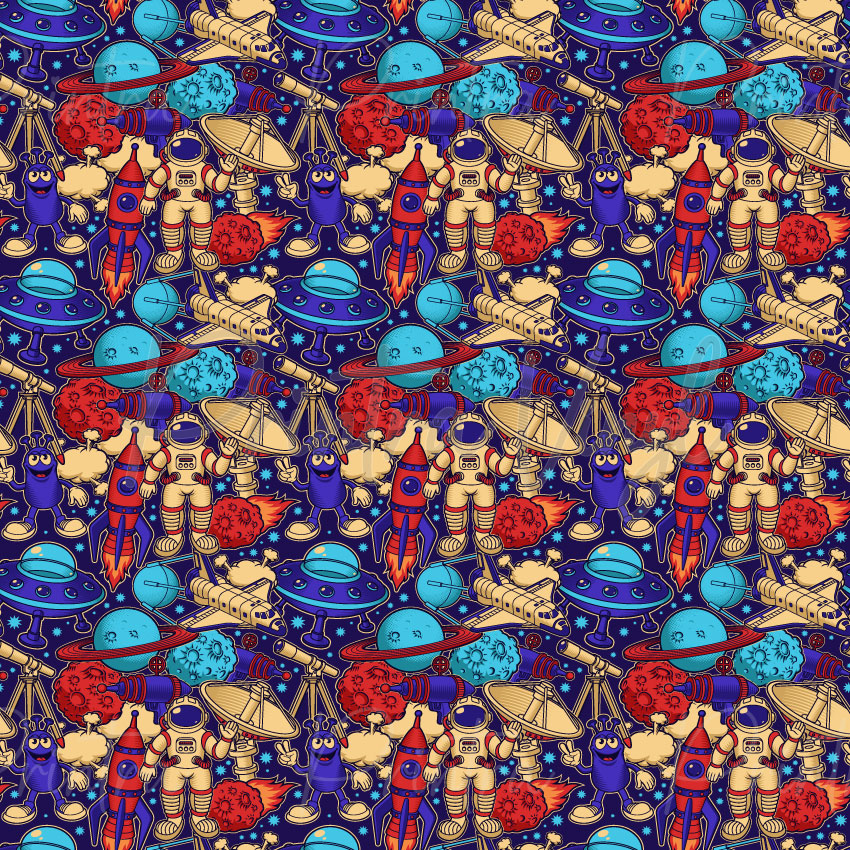 Rocket Riot patterned vinyl featuring retro space-themed illustrations including rockets, astronauts, UFOs, planets, satellites, telescopes, aliens, and comets in bold red, blue, cream, and orange tones on a star-filled galaxy background.