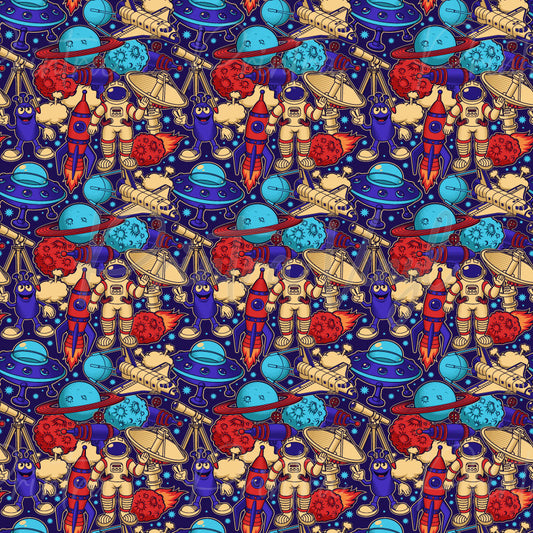 Rocket Riot patterned vinyl featuring retro space-themed illustrations including rockets, astronauts, UFOs, planets, satellites, telescopes, aliens, and comets in bold red, blue, cream, and orange tones on a star-filled galaxy background.
