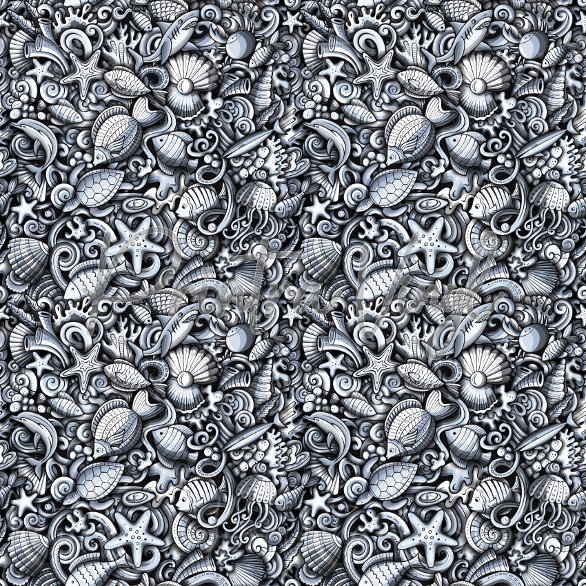 Sealife patterned vinyl featuring an intricate monochrome ocean collage with seashells, starfish, fish, jellyfish, coral, sea plants, and swirling underwater details layered into a highly detailed marine-inspired design.