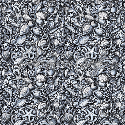 Sealife patterned vinyl featuring an intricate monochrome ocean collage with seashells, starfish, fish, jellyfish, coral, sea plants, and swirling underwater details layered into a highly detailed marine-inspired design.