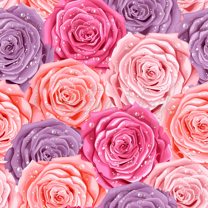 Shades of Roses #01 patterned vinyl featuring realistic rose blooms in shades of pink, blush, coral and lavender with sparkling water droplet details, creating a romantic floral design for decals, tumblers and craft projects.