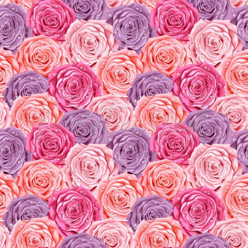 Shades of Roses #02 patterned vinyl featuring realistic rose blooms in pink, blush, coral and lavender tones with sparkling water droplet details, creating an elegant floral design.