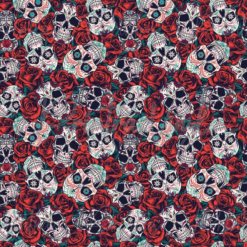 Skulls #02 patterned vinyl featuring detailed Day of the Dead sugar skulls surrounded by rich red roses and teal foliage, layered into a bold gothic floral design with intricate black linework and a striking red, ivory and teal colour palette.