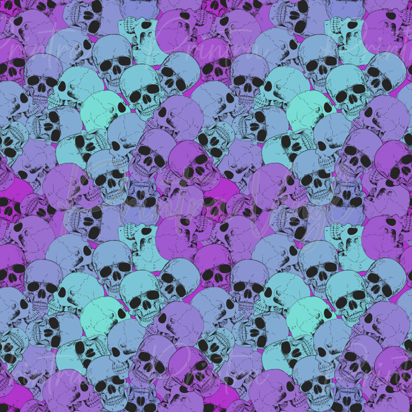 Skulls #03 patterned vinyl featuring layered skulls in shades of lavender, violet, periwinkle and aqua, packed into a dense all-over design with black linework and a bold pastel goth colour palette.