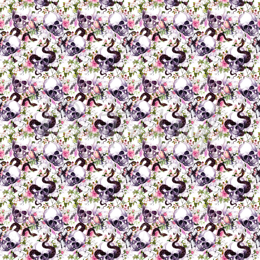 Skulls #04 patterned vinyl featuring detailed lavender and purple skulls surrounded by delicate pink blossoms, butterflies, songbirds and winding black snakes on a crisp white background, creating a striking gothic floral design.