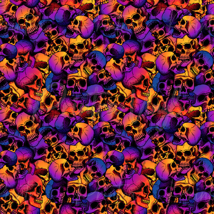 Skulls #05 patterned vinyl featuring detailed illustrated skulls in vibrant shades of purple, magenta, orange and gold, layered into a dense all-over design with bold linework, shadowed textures and a striking neon-inspired colour palette.