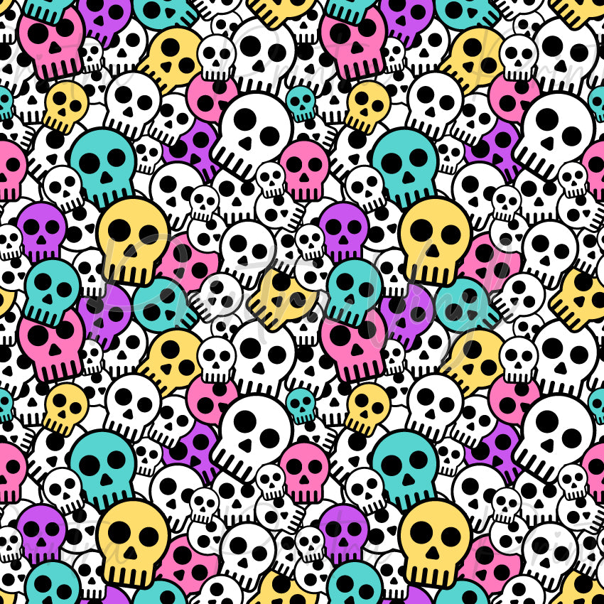 Skulls #07 patterned vinyl featuring layered cartoon skulls in white, pink, turquoise, purple and yellow, packed into a playful all-over design with bold black outlines and pop-art inspired colouring.