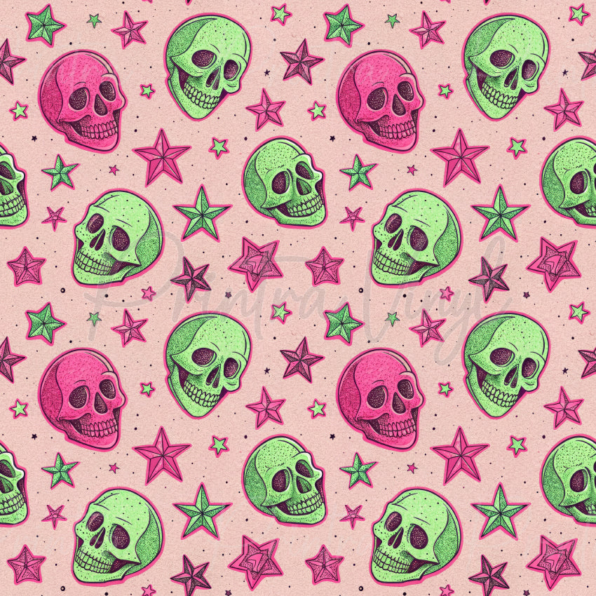Skulls #08 patterned vinyl featuring neon pink and lime green skulls scattered among vibrant five-pointed stars on a soft blush pink background, creating a bold retro spooky design.