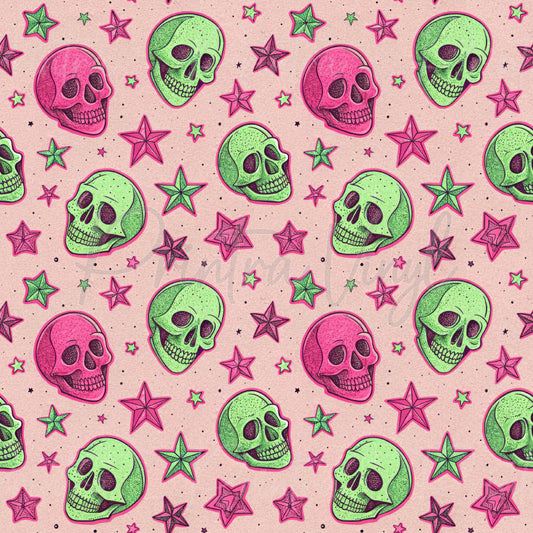 Skulls #08 patterned vinyl featuring neon pink and lime green skulls scattered among vibrant five-pointed stars on a soft blush pink background, creating a bold retro spooky design.