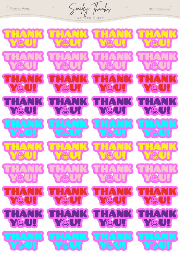 Smiley Thanks Sticker Sheet featuring 40 colourful thank you stickers with retro lettering and smiley face accents in bright pink, purple, blue, and yellow shades. Perfect for small business packaging, customer orders, gifts, and happy mail.