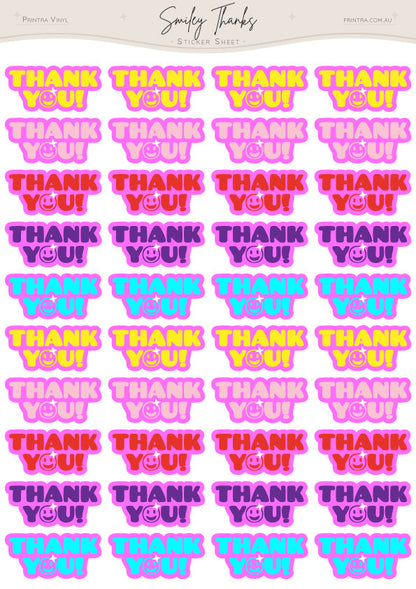 Smiley Thanks Sticker Sheet featuring 40 colourful thank you stickers with retro lettering and smiley face accents in bright pink, purple, blue, and yellow shades. Perfect for small business packaging, customer orders, gifts, and happy mail.