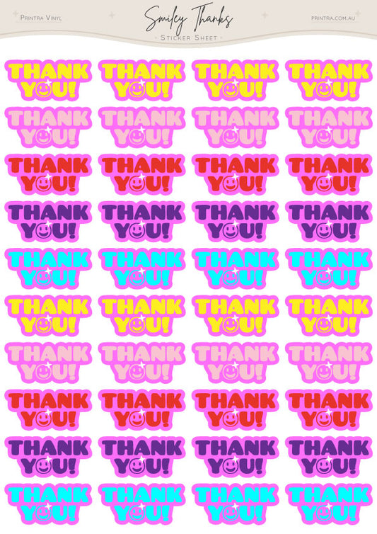 Smiley Thanks Sticker Sheet featuring 40 colourful thank you stickers with retro lettering and smiley face accents in bright pink, purple, blue, and yellow shades. Perfect for small business packaging, customer orders, gifts, and happy mail.