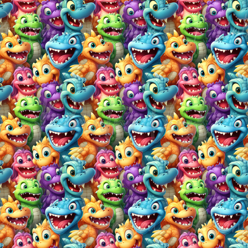 Smileysaurus patterned vinyl featuring adorable smiling cartoon dinosaurs in bright blue, green, orange, purple, and pink tones, packed together in a colourful prehistoric design with playful expressions and vibrant scales.