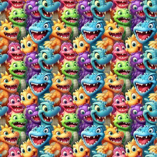Smileysaurus patterned vinyl featuring adorable smiling cartoon dinosaurs in bright blue, green, orange, purple, and pink tones, packed together in a colourful prehistoric design with playful expressions and vibrant scales.