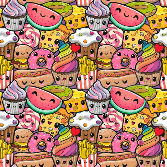 A colorful repeating cartoon food pattern featuring watermelon slices, donuts, cupcakes, burgers, fries, and candy in a playful kawaii style.