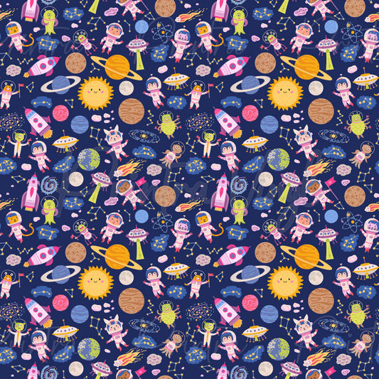 Space Divas patterned vinyl featuring adorable astronauts, rockets, planets, UFOs, aliens, constellations, and celestial elements in pink, purple, yellow, and blue tones on a starry galaxy background.