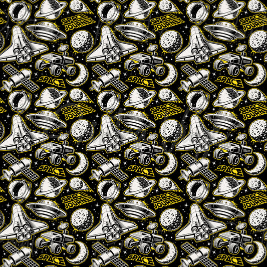 Space Journey patterned vinyl featuring detailed space shuttles, UFOs, planetary rovers, satellites, astronaut helmets, ringed planets, moons, and stars in bold black, white, and yellow tones for a striking retro space-themed design.