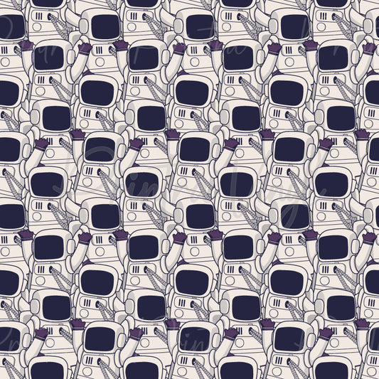 Space Squad patterned vinyl featuring a dense all-over pattern of illustrated astronaut suits with dark visors, space helmets, gloves, and life-support details in soft cream, navy, and grey tones on a clean neutral background.
