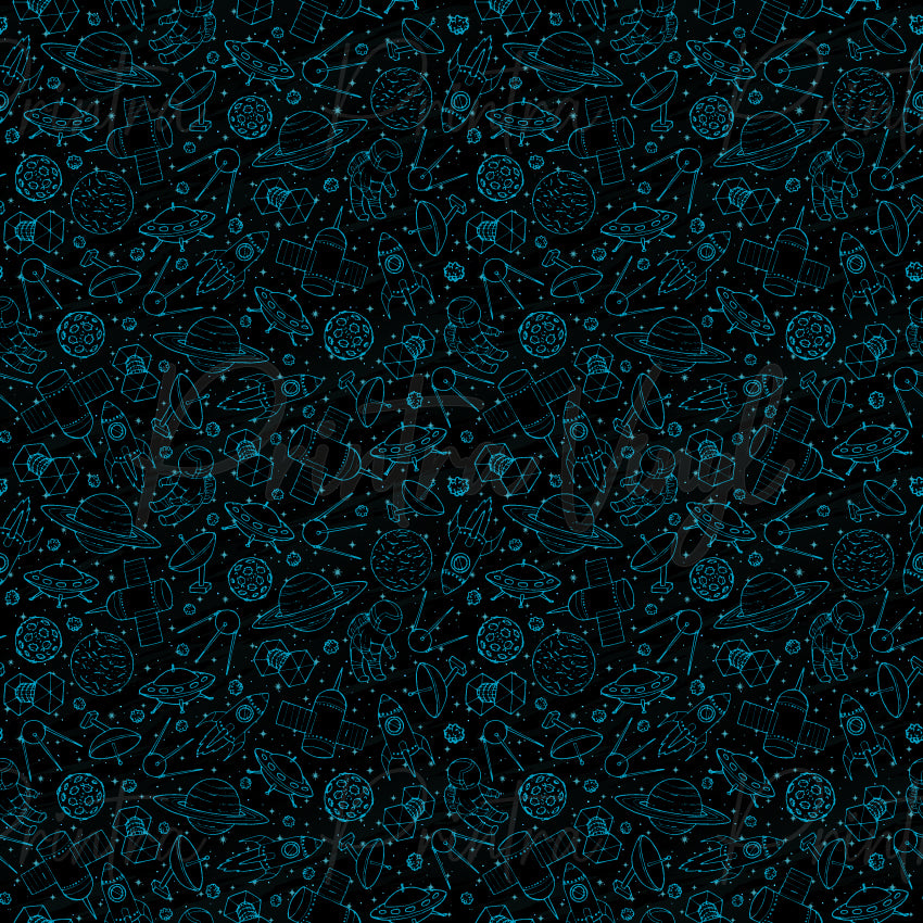 Spacelink patterned vinyl featuring detailed neon blue line-art illustrations of astronauts, rockets, UFOs, satellites, planets, moons, comets, and geometric space elements scattered across a black star-filled background.