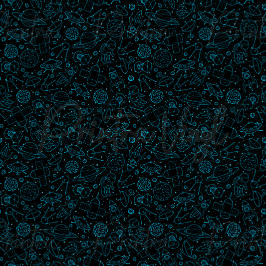Spacelink patterned vinyl featuring detailed neon blue line-art illustrations of astronauts, rockets, UFOs, satellites, planets, moons, comets, and geometric space elements scattered across a black star-filled background.