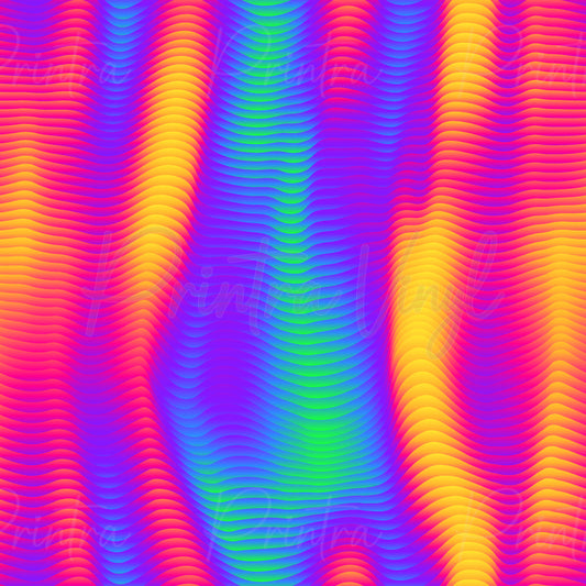 A seamless digital pattern featuring vertical wavy stripes in a neon trippy gradient of pink, purple, blue, green, and yellow, overlaid with a faint repeating watermark 'Printra Vinyl'.