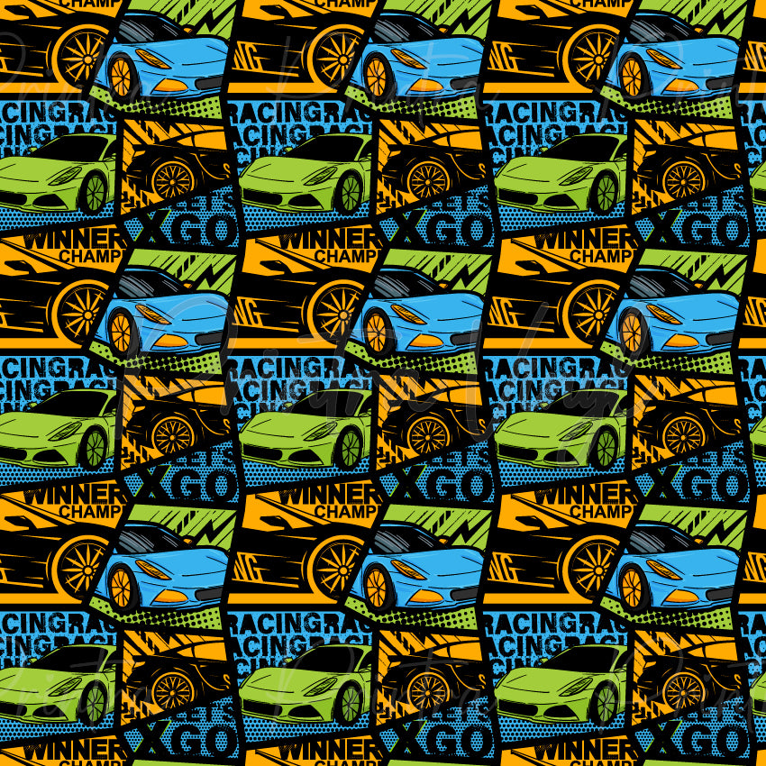 Speed Grid #01 patterned vinyl featuring a bold racing-themed patchwork design with colourful sports cars, alloy wheels, checkered flag details, lightning bolts, and motorsport graphics in vibrant blue, lime green, yellow, and black tones.