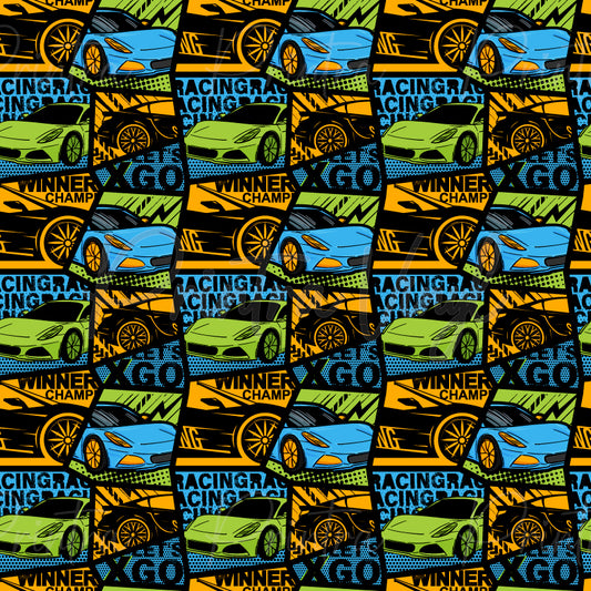 Speed Grid #01 patterned vinyl featuring a bold racing-themed patchwork design with colourful sports cars, alloy wheels, checkered flag details, lightning bolts, and motorsport graphics in vibrant blue, lime green, yellow, and black tones.