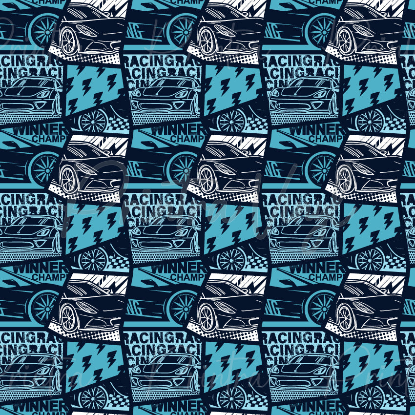 Speed Grid #02 patterned vinyl featuring a dynamic racing-themed patchwork design with sports cars, alloy wheels, checkered flags, lightning bolts, and bold racing graphics in navy blue, sky blue, and white tones.