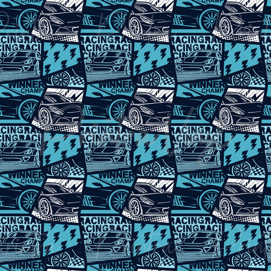 Speed Grid #02 patterned vinyl featuring a dynamic racing-themed patchwork design with sports cars, alloy wheels, checkered flags, lightning bolts, and bold racing graphics in navy blue, sky blue, and white tones.