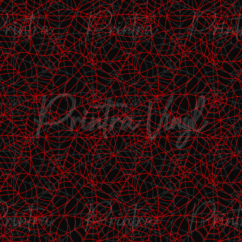 Spiderwebs #01 patterned vinyl featuring an intricate network of bold red spider webs layered across a deep black background, creating a striking gothic Halloween design with dramatic contrast and spooky style.