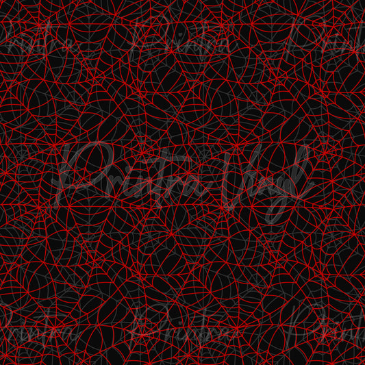 Spiderwebs #01 patterned vinyl featuring an intricate network of bold red spider webs layered across a deep black background, creating a striking gothic Halloween design with dramatic contrast and spooky style.