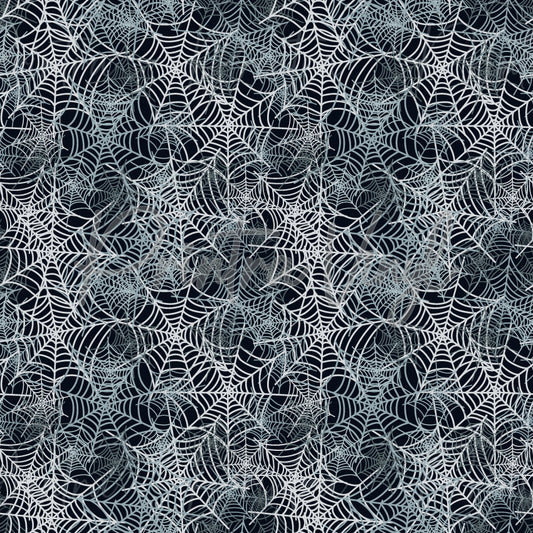 Spiderwebs #02 patterned vinyl featuring an intricate layered network of white and silver spider webs overlapping across a deep black background, creating a dramatic gothic Halloween design with elegant spooky detail.