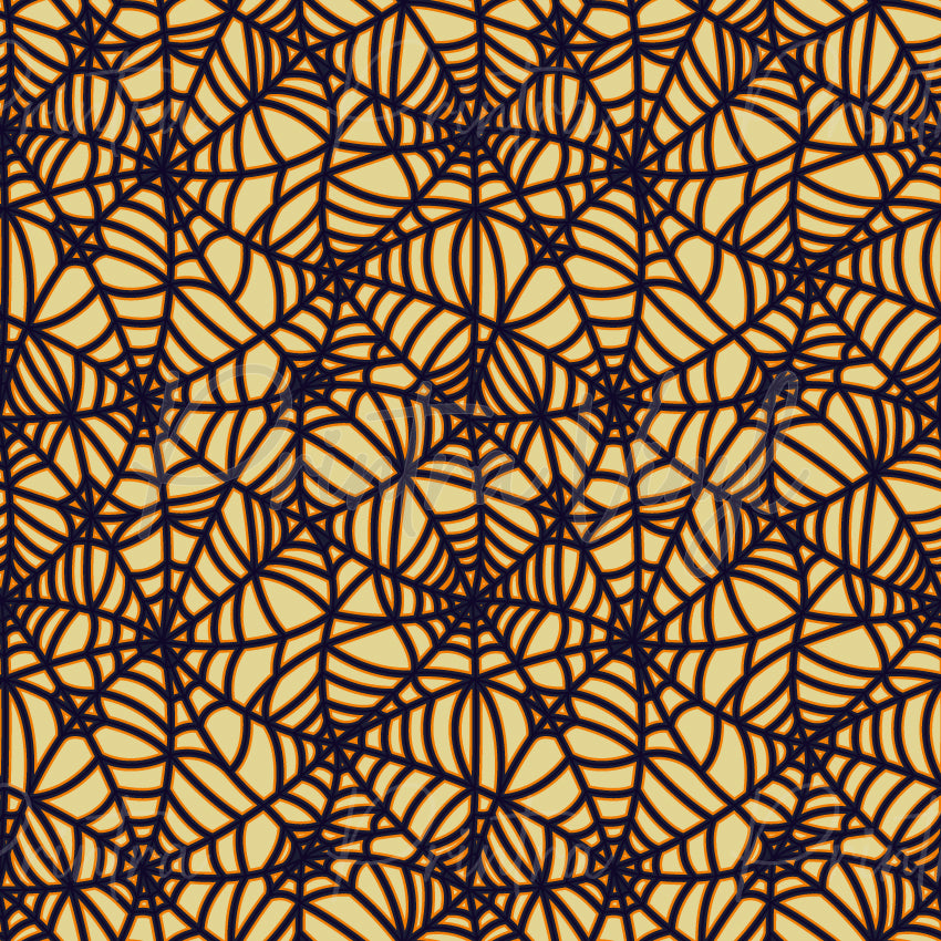 Spiderwebs #03 patterned vinyl featuring an intricate network of dark navy spider webs layered across a warm orange background, creating a classic Halloween-inspired design with bold contrast and elegant spooky detail.