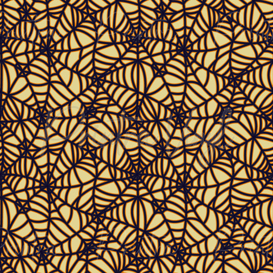 Spiderwebs #03 patterned vinyl featuring an intricate network of dark navy spider webs layered across a warm orange background, creating a classic Halloween-inspired design with bold contrast and elegant spooky detail.
