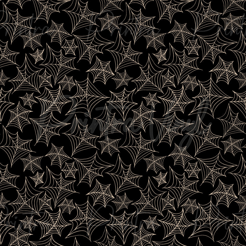 Spiderwebs #04 patterned vinyl featuring delicate ivory spider webs scattered across a deep black background, creating an elegant gothic Halloween design with fine linework and timeless spooky charm.