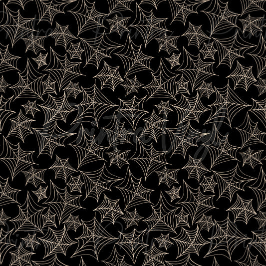 Spiderwebs #04 patterned vinyl featuring delicate ivory spider webs scattered across a deep black background, creating an elegant gothic Halloween design with fine linework and timeless spooky charm.