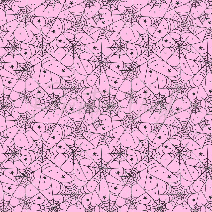 Spiderwebs #06 patterned vinyl featuring delicate black spider webs layered across a soft pink background, accented with tiny black stars for a playful coquette-inspired Halloween design.