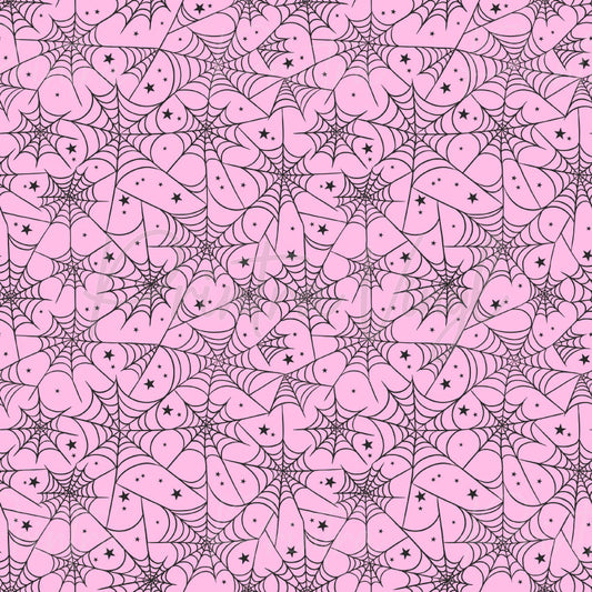 Spiderwebs #06 patterned vinyl featuring delicate black spider webs layered across a soft pink background, accented with tiny black stars for a playful coquette-inspired Halloween design.