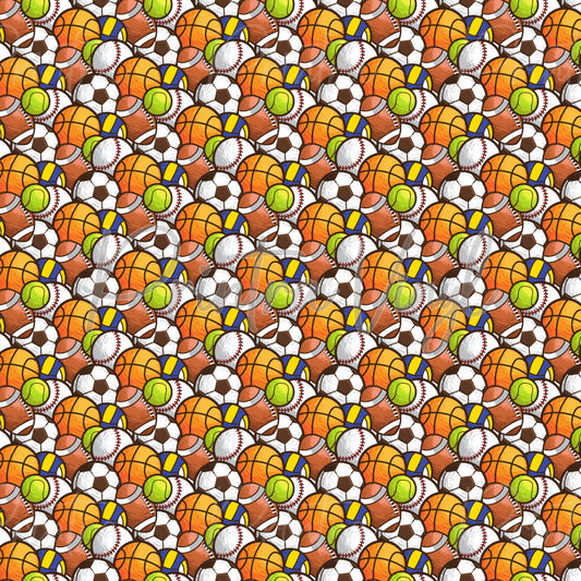 Sports Stack patterned vinyl featuring overlapping basketballs, soccer balls, tennis balls, baseballs, volleyballs and footballs in vibrant orange, green, blue, yellow, brown and white tones, layered into a packed all-over sports design with hand-drawn sketch-style details.