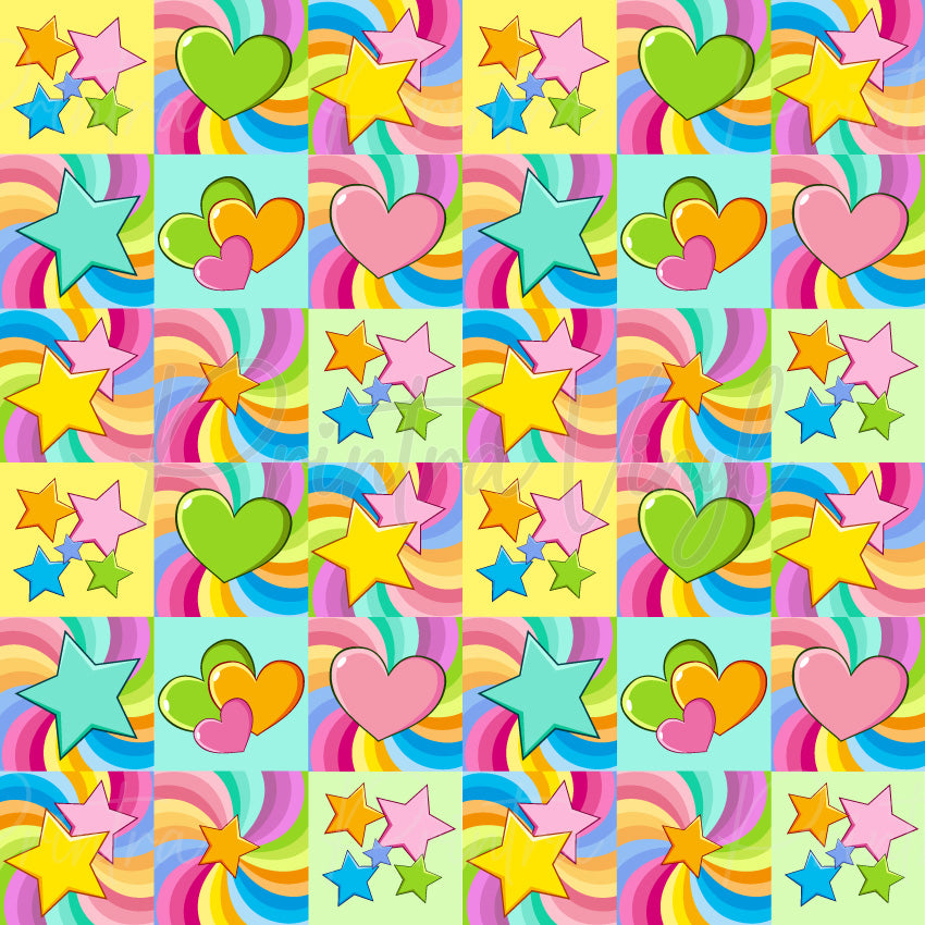 Star Love rainbow patterned vinyl with colourful hearts, stars and retro rainbow swirls in bright pop-art colours.